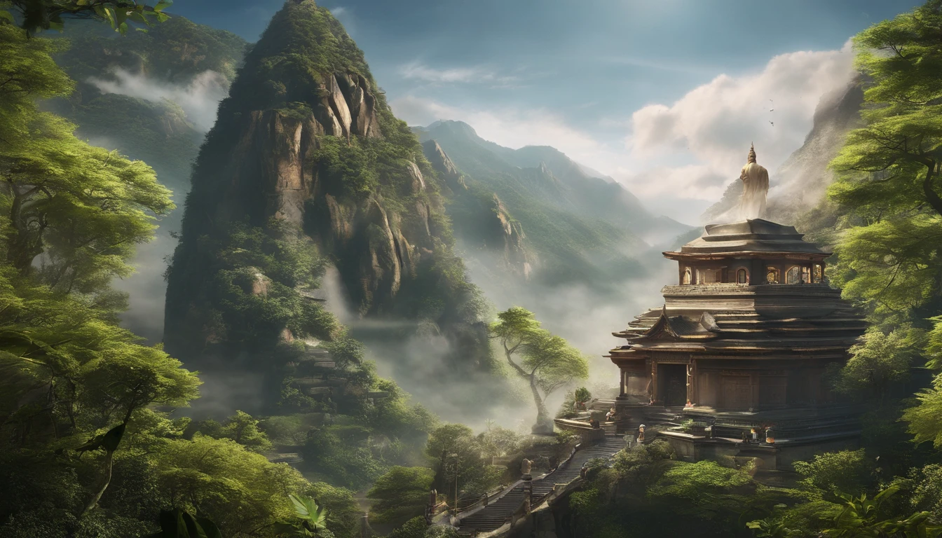 serene and sacred, morning light illuminating, towering mountains and ridges, lush greenery, devout faith, stone-carved Buddha statue, mist swirling, a Buddha statue on the high mountain, lora:buddha_mountain_v1_100:1 --v 5.2 --ar 2:3
