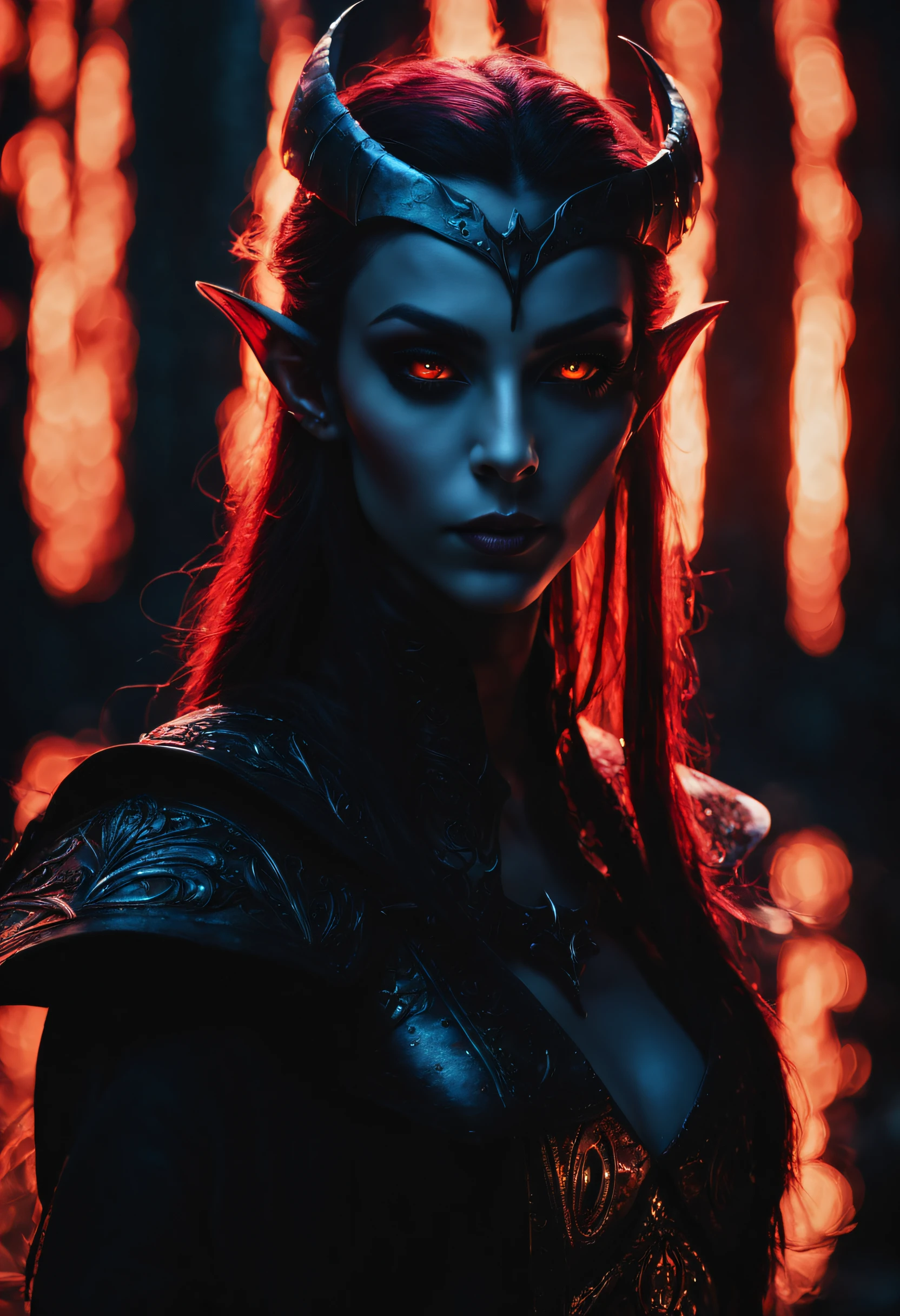 ~*~Breathtaking~*~ cinematic realistic close-up shot in a movie scene, vibrant colors, highly detailed, presented in cinemascope, creating a moody atmosphere.
dark elf, Glowing scarlet eyes, , Very dark colors, Dark-light particles, Mshiff, Wallpaper Art, UHD wallpaper