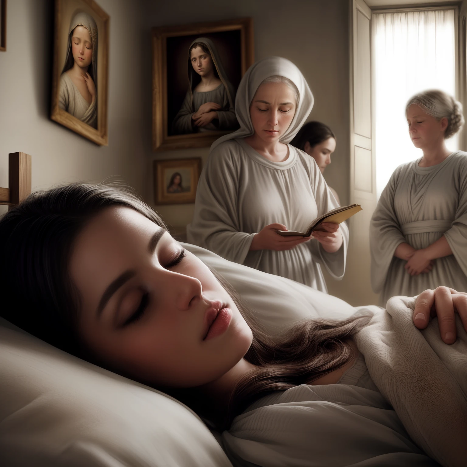 there is a woman laying in bed with her eyes closed, Directed by: John O'Gorman, Directed by: Scott Gustafson, Directed by: Pablo Munoz Gomez, beautiful depiction, Directed by: Jason Felix, Greg Olsen, Directed by: Joseph Raphael, bible illustration, childrens, Directed by: Christian art, Greg Olsen, arte conceitual emocional, beautiful depiction, olhos realisticamente renderizados, olhos realistas, olhos fotorrealistas, catholic religious art, iiimagem realista detalhada, Realistic image with 8K resolution, 8K Resolution Image, detalhada, Breathtaking detail,