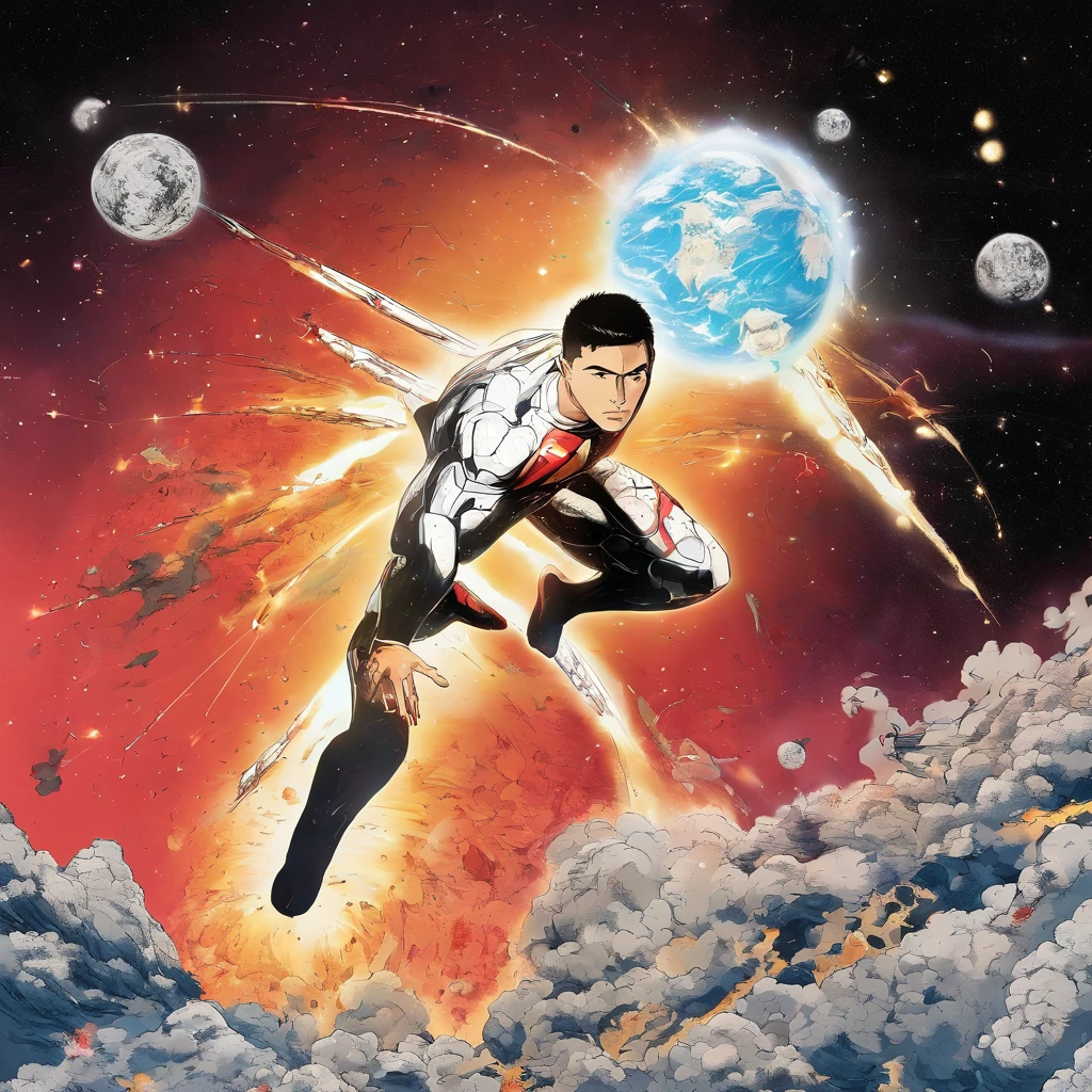 A Photograph capturing Cristiano Ronaldo in a dynamic comic book style, powerfully heading an asteroid hurtling towards Earth with his bare head. The image should showcase his strength, determination, and iconic athleticism in full display against a cosmic backdrop. --ar 9:16 --v 5.2