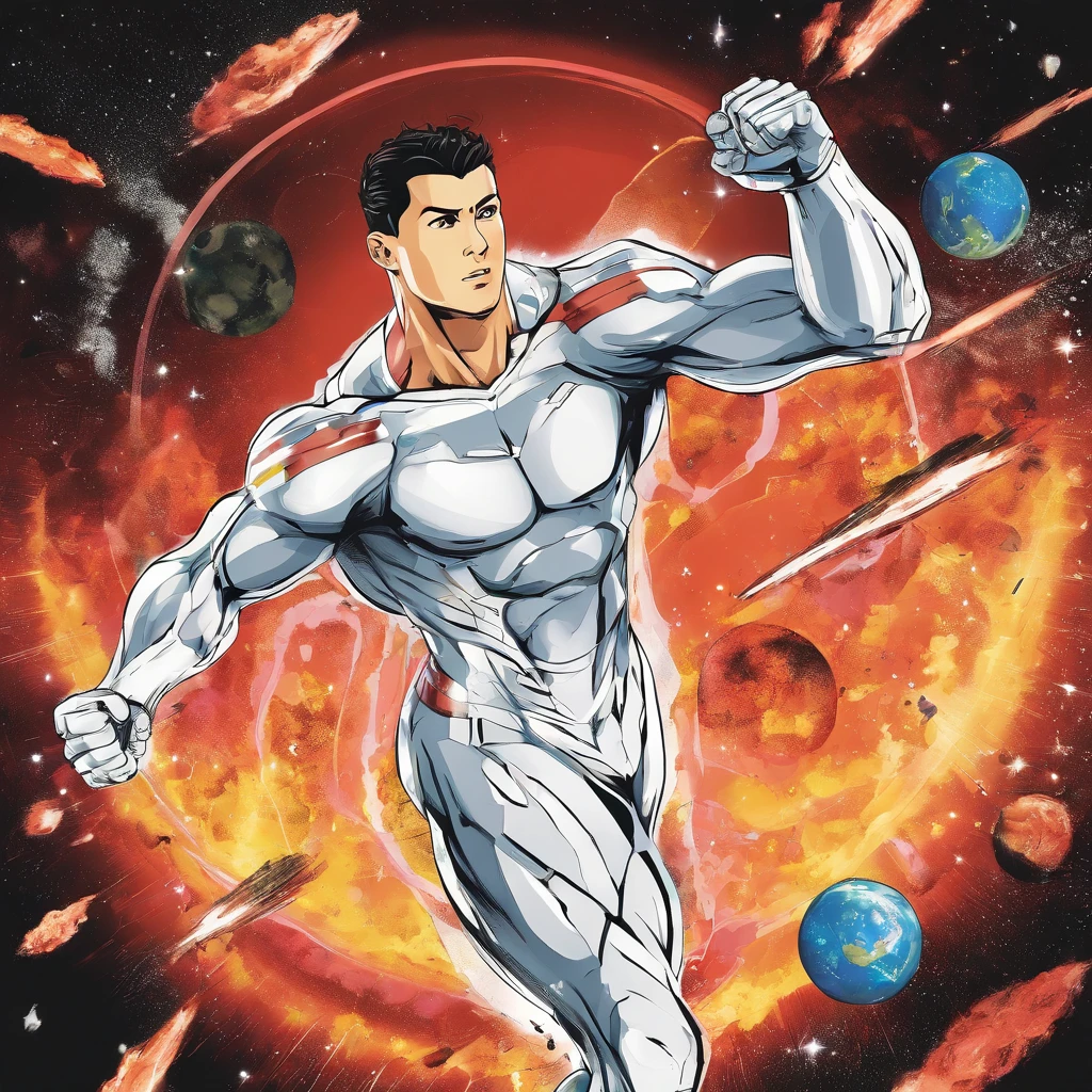 A Photograph capturing Cristiano Ronaldo in a dynamic comic book style, powerfully heading an asteroid hurtling towards Earth with his bare head. The image should showcase his strength, determination, and iconic athleticism in full display against a cosmic backdrop. --ar 9:16 --v 5.2