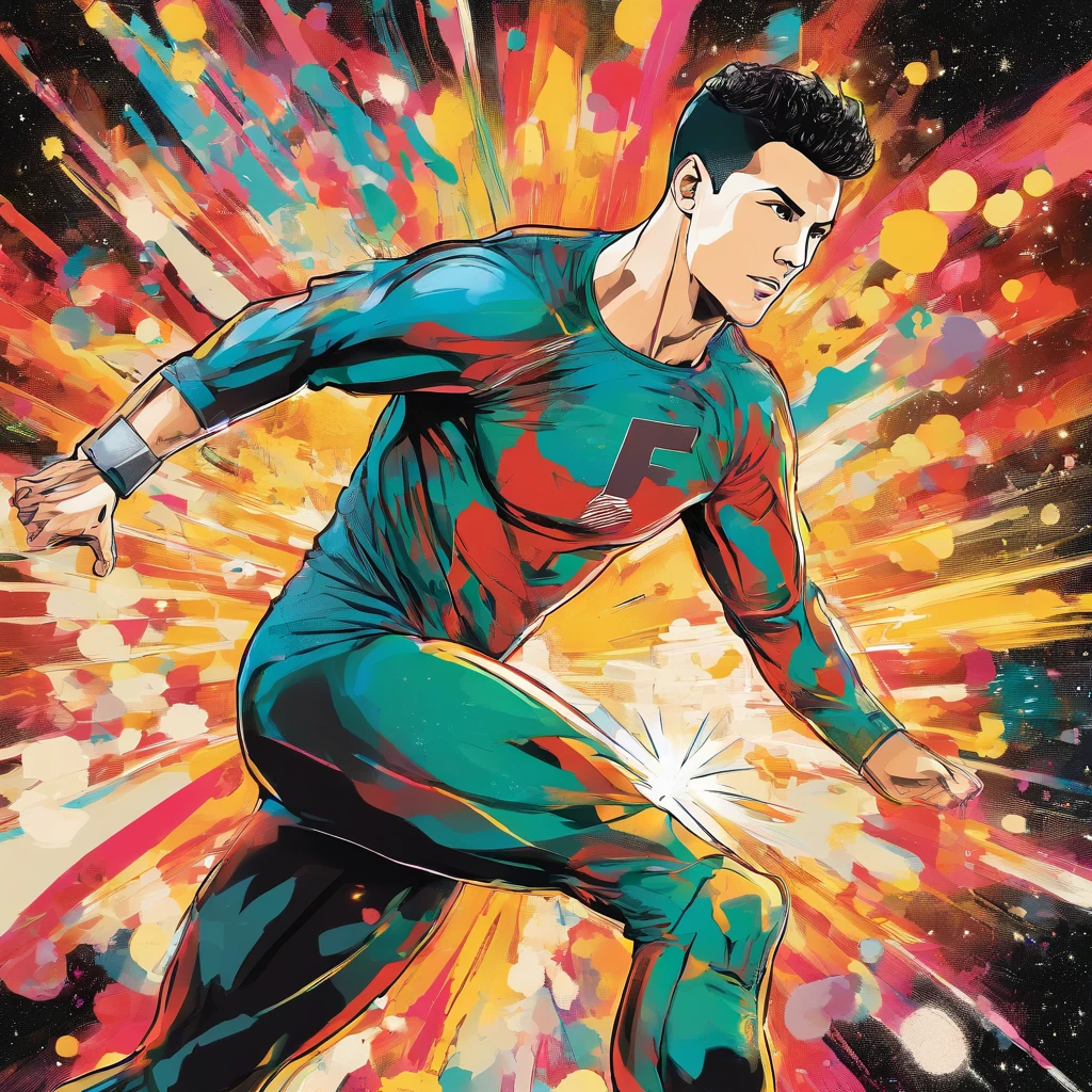 A Photograph capturing Cristiano Ronaldo in a dynamic comic book style, powerfully heading an asteroid hurtling towards Earth with his bare head. The image should showcase his strength, determination, and iconic athleticism in full display against a cosmic backdrop. --ar 9:16 --v 5.2