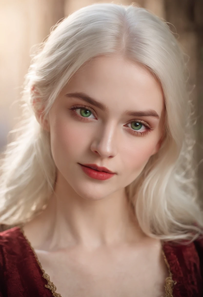 (((a deep reddish wound crosses her left cheek))) fair complexion, woman around 19 years old, natural white hair, distinctive green eyes, wearing kohl, slender and graceful, beautiful, candlelight in a medieval setting, ultra sharp focus, realistic shot, medieval female clothes, tetradic colors (scar:1.4)