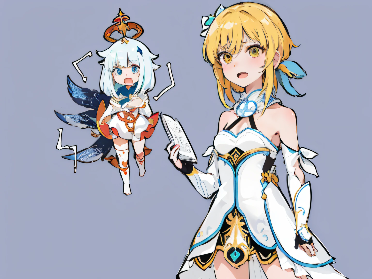 Anime girl with sword and dog in costume, Ayaka Genshin impact, ayaka game genshin impact, knights of zodiac girl, art style of rune factory 5, cute cyber gods, Game art!!, white cyan, Anime goddess, anime in fantasy style, holding a pudica pose, symetry!! concept-art, vermillion and cyan