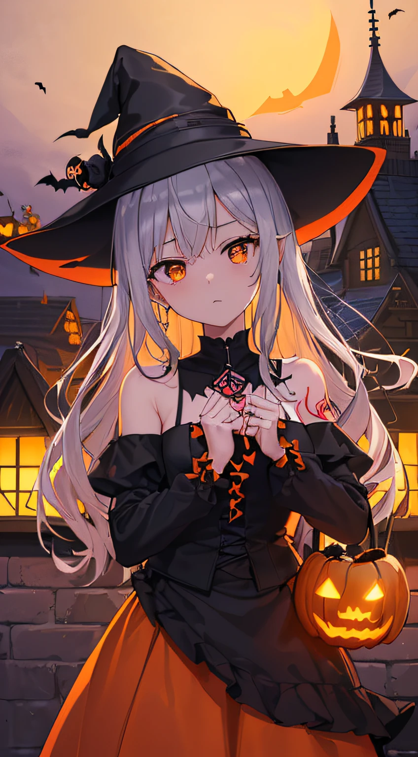 top-quality、Top image quality、masterpiece、s girl((18year old,Black Wizard Hat、Black and orange sexy clothes,Orange and black skirt、Orange muffler,Best Bust、Bust 85、blonde hair、Longhaire,silver eye、open chest wide、Valley、Happiness、A slender、Blood coating、Emphasis on the chest、Bats tattoo、Wooden broom))hiquality、Beautiful Art、Background with((natta、dark sky、Halloween at night、the bats、pumpkins,Nightmare、Halloween、in woods))、Depth(Beautiful black house),masutepiece、Elaborate design、visualart、high contract、The best lighting、highestdetailed