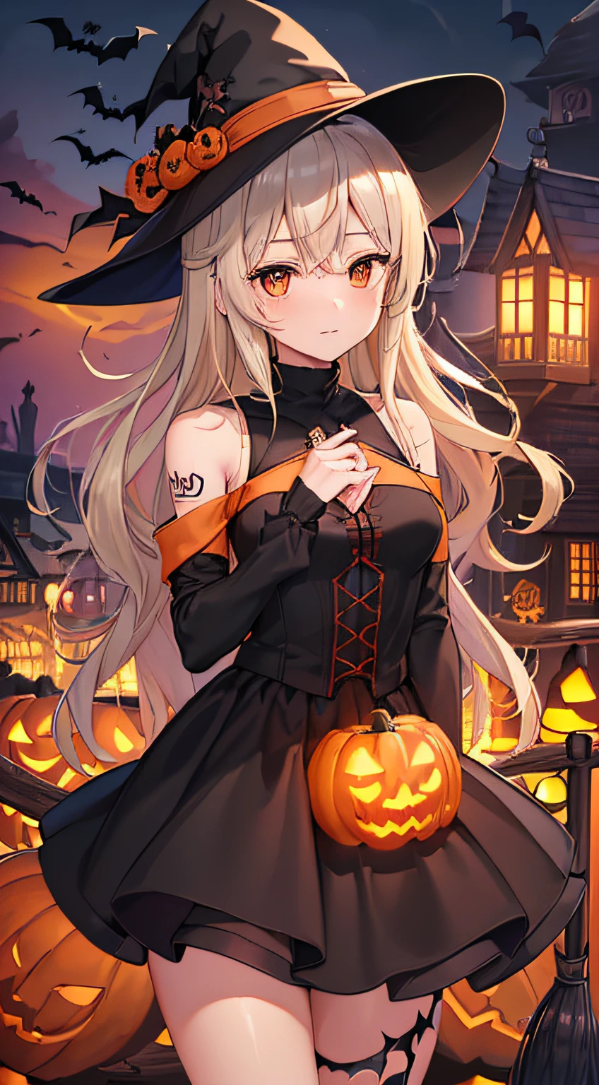 (masterpiece, Highest quality:1.15), No humans, magic, Halloween, Jack-o'-Lantern, spooky, dark, night, full moon, moon, Orange sky, building