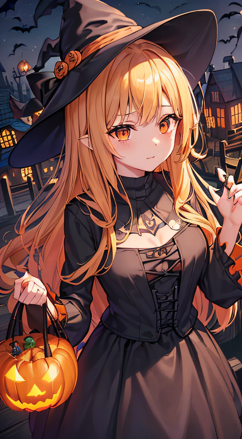 top-quality、Top image quality、masterpiece、s girl((18year old,Black Wizard Hat、Black and orange sexy clothes,Orange and black skirt、Orange muffler,Best Bust、Bust 85、blonde hair、Longhaire,silver eye、open chest wide、Valley、Happiness、A slender、Blood coating、Emphasis on the chest、Bats tattoo、Wooden broom))hiquality、Beautiful Art、Background with((natta、dark sky、Halloween at night、the bats、pumpkins,Nightmare、Halloween、in woods))、Depth(Beautiful black house),masutepiece、Elaborate design、visualart、high contract、The best lighting、highestdetailed