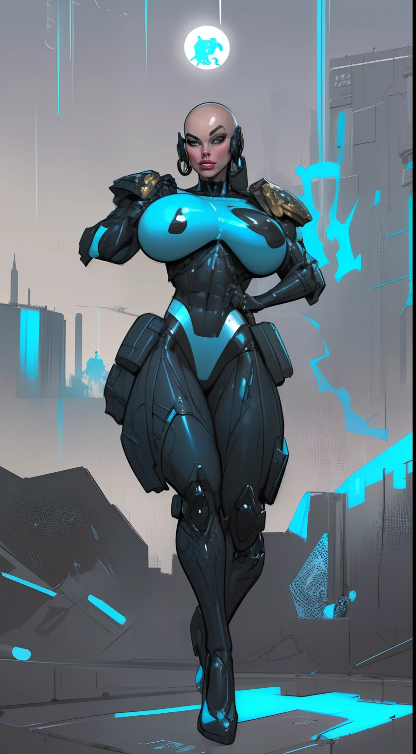 8k ((full body view))((view from below:1.5)),(large eyes:1.3), defined cheekbones, looking back, ((the pit style:1.4))((sleek dark blue bodysuit:1.6)) ((intricate metal details:1.4))detailed face:1.5), lightblue skin,(puffy lips:1.5) (lightblue skin:1.6), (bald woman:1.7), (skinhead) ((sexy pose)),(Muscular:1.3), ((gigantic breasts:1.5)), )highly detailed, ((intricate neon lines on bodysuit:1.3)), majestic, digital photography, art by artgerm and ruan jia and greg rutkowski, ((metal shoulder pads:1.6)), (masterpiece), sidelighting, intricate details, (((black color palette)))