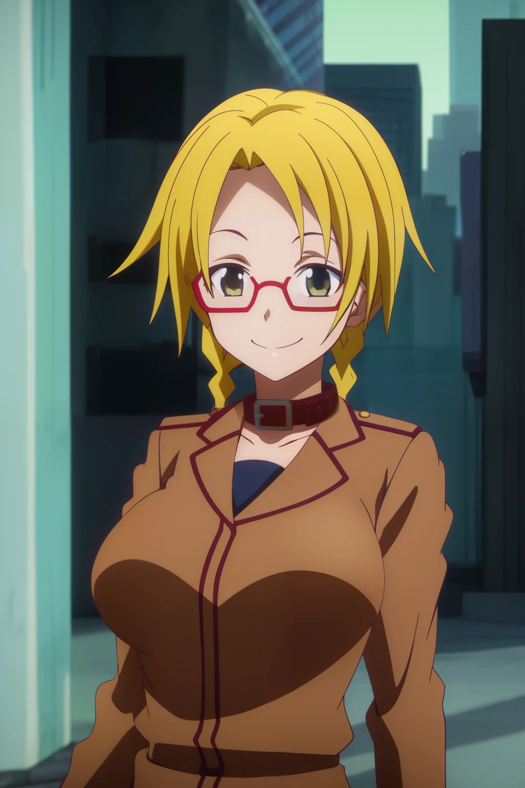 1girl, masterpice, high quality, best quality, good anime picture, misaki, ((school uniform)), twin braids, ((collar)), hair ornament, upper body, big breasts, dynamic light and shadows, smile, (adjusting eyewear:1.2), multicolor outfit, yellow hair, military suit, cyberpunk background