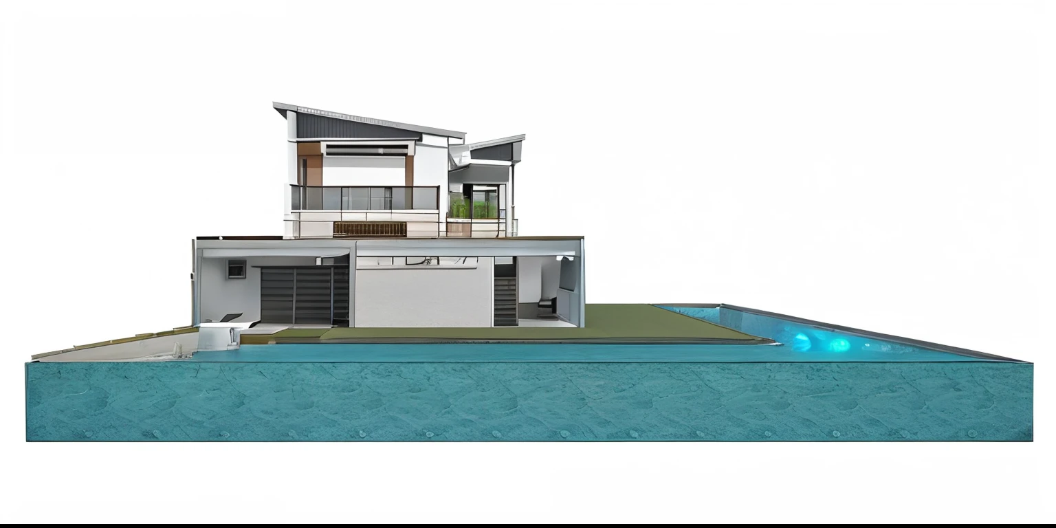 a rendering of a house with a pool and a house on top of it, perspective view, 2d side view, elevation view, side perspective, profile view perspective, 3/4 side view, side-view. highly detailed, above side view, side view, concept house, architectural section, frontview, front elevation view, contemporary house, side elevation