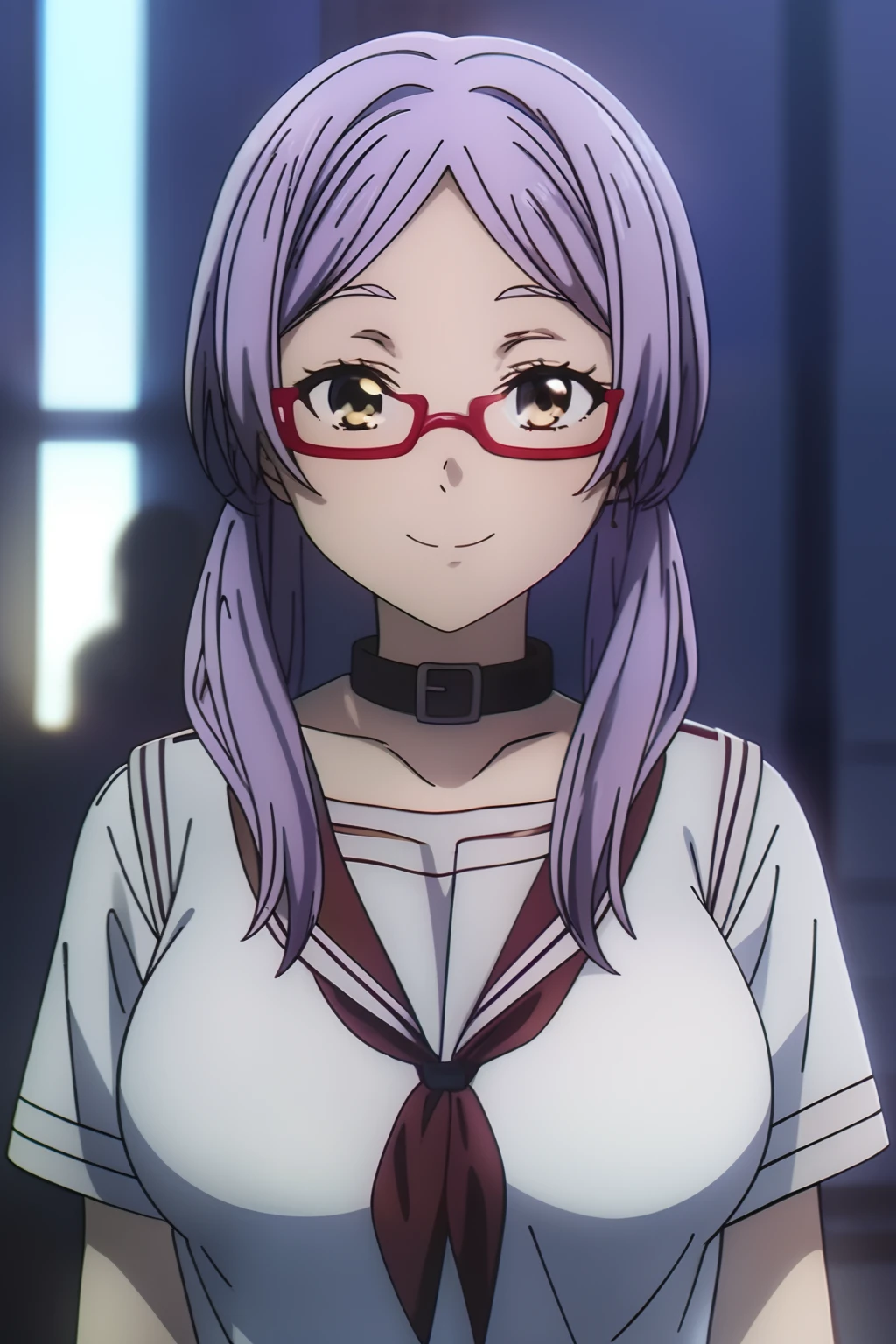 1girl, masterpice, high quality, best quality, good anime picture, misaki, ((school uniform)), ((serafuku)), twin braids, ((collar)), hair ornament, upper body, big breasts, dynamic light and shadows, smile, (adjusting eyewear:1.2), multicolor outfit, white hair, medieval background era