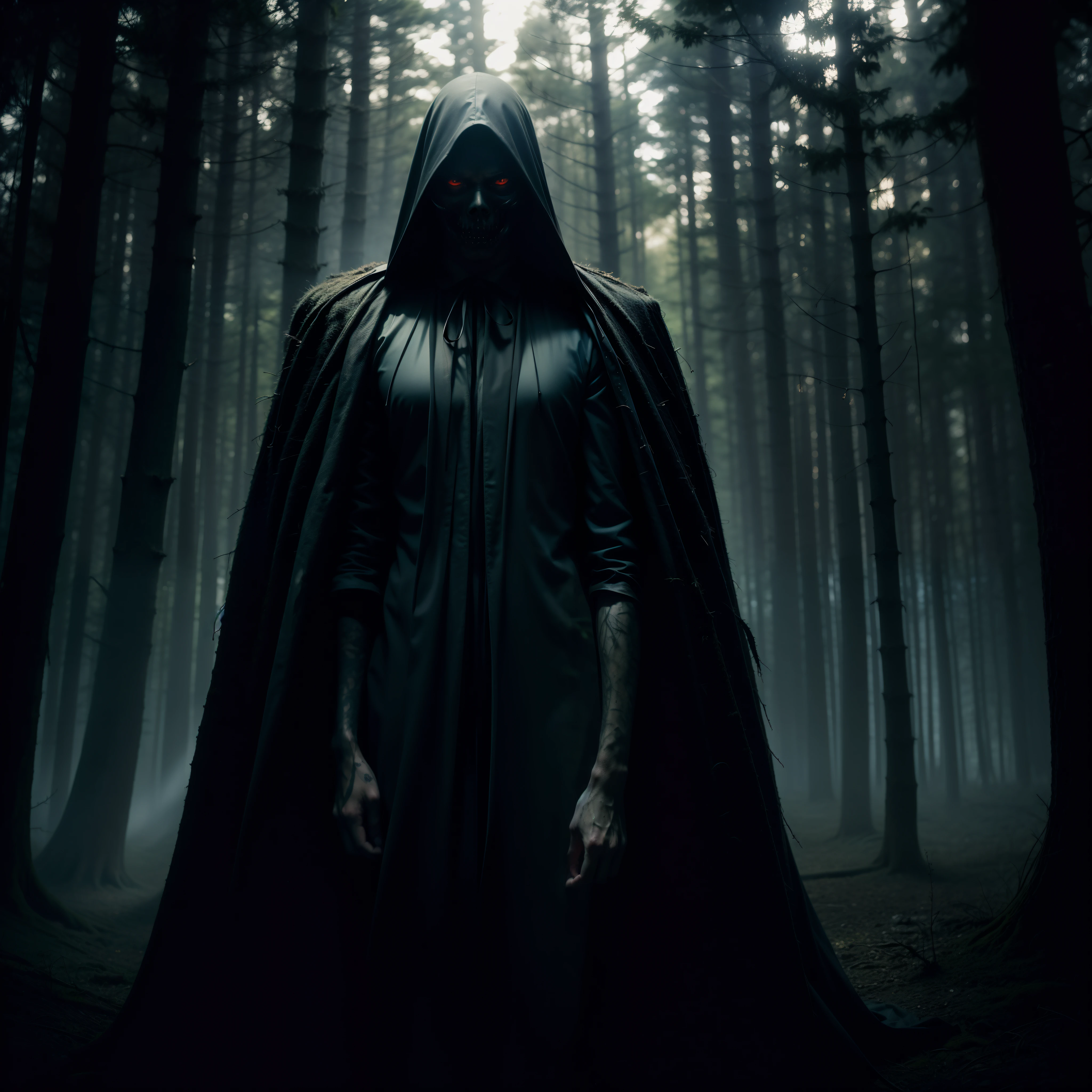 (macabre forest), master art, superior quality, high resolution, many details, dramatic contrasts, sinister darkness, depth, frightening lighting, mysterious shadows, complex textures, dark figures, misty environment, creepy camouflaged creatures, dark elements, dynamic perspective, veil, dense forest