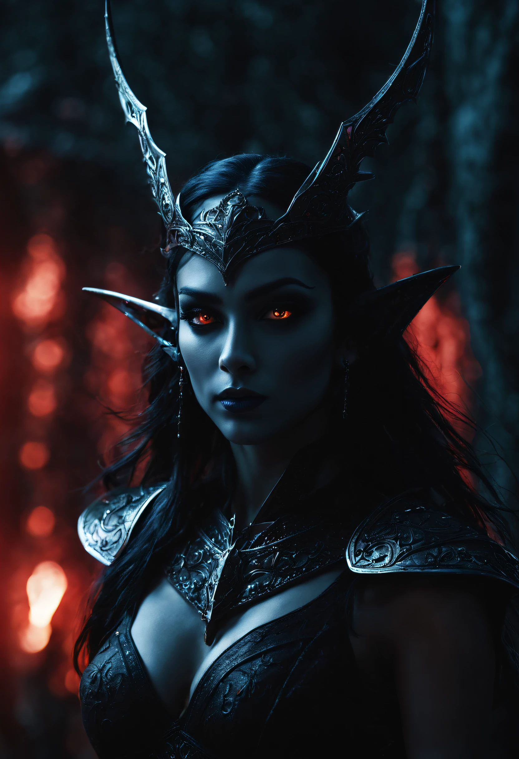 ~*~Breathtaking~*~ cinematic realistic close-up shot in a movie scene, vibrant colors, highly detailed, presented in cinemascope, creating a moody atmosphere.

dark elf, Glowing scarlet eyes, , Very dark colors, Dark-light particles,  Mshiff, Wallpaper Art, UHD wallpaper