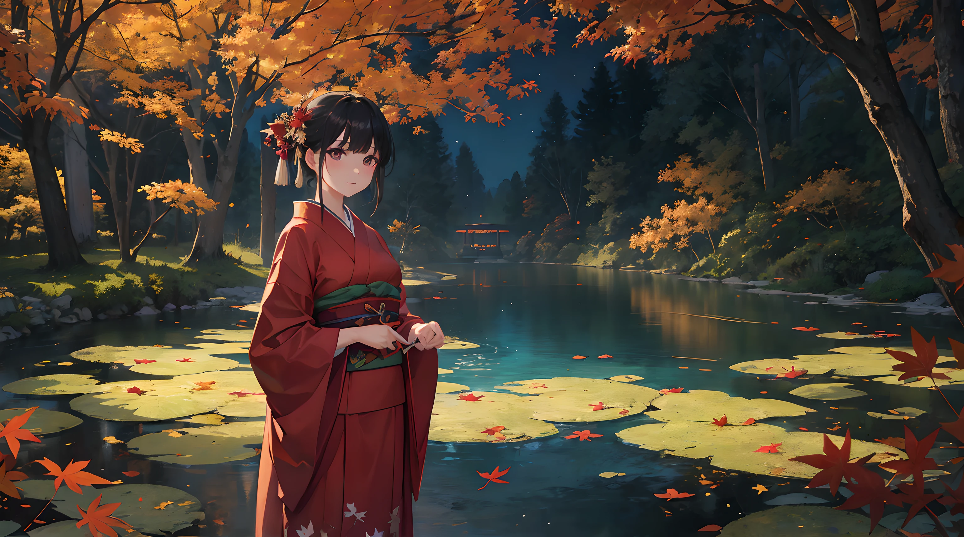 "Compose a captivating nocturnal scene featuring a tranquil pond enveloped by the fiery hues of maple leaf autumn foliage. The composition should emphasize the prominence of the maple leaves and the majestic maple tree that stands nearby. In the foreground, a Japanese woman in her 40s stands gracefully, draped in a vibrant red kimono. The kimono accentuates her elegance, and her beauty radiates beneath the moonlight. She is a vision of timeless allure, capturing the essence of the season. The woman gazes upon the shimmering pond, where the reflection of the maple leaves dances upon the water's surface. Her expression is one of serene contemplation, as she immerses herself in the tranquil beauty of the night. The background showcases the magnificent maple tree, its branches adorned with resplendent leaves that seem to catch the moonlight. The pond reflects the ethereal scene, adding to the enchantment of the moment. The overall composition should create a sense of serenity and reverence for nature's beauty. Ensure that the woman's captivating beauty and the brilliance of the maple leaves take center stage in this mesmerizing autumn tableau."