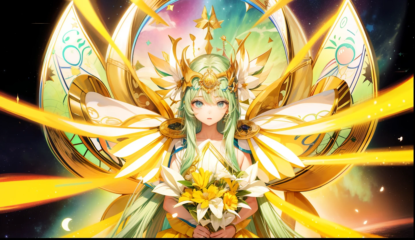 realista, 1girl, cabelo verde escuro, olhos magenta, hair fluttering, olhos brilhantes, half-open lips, corar, noite, flor, piso, starly sky, colunas gregas, Constellations in the sky, Knights of the Zodiac, estilo mangaka shiori teshirogi
