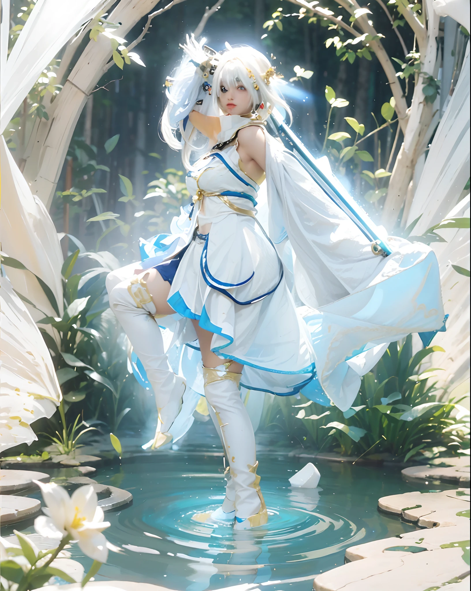 ((Lumine_genshin)),((realistic, photorealistic)),((white skin)), yellow hair, bangs,(white tops), (( hair ornament)), jewelry, navel, detached sleeves,((upper body)), (((best quality, masterpiece))), Looking for viewers, outdoor,puddle,sword light,