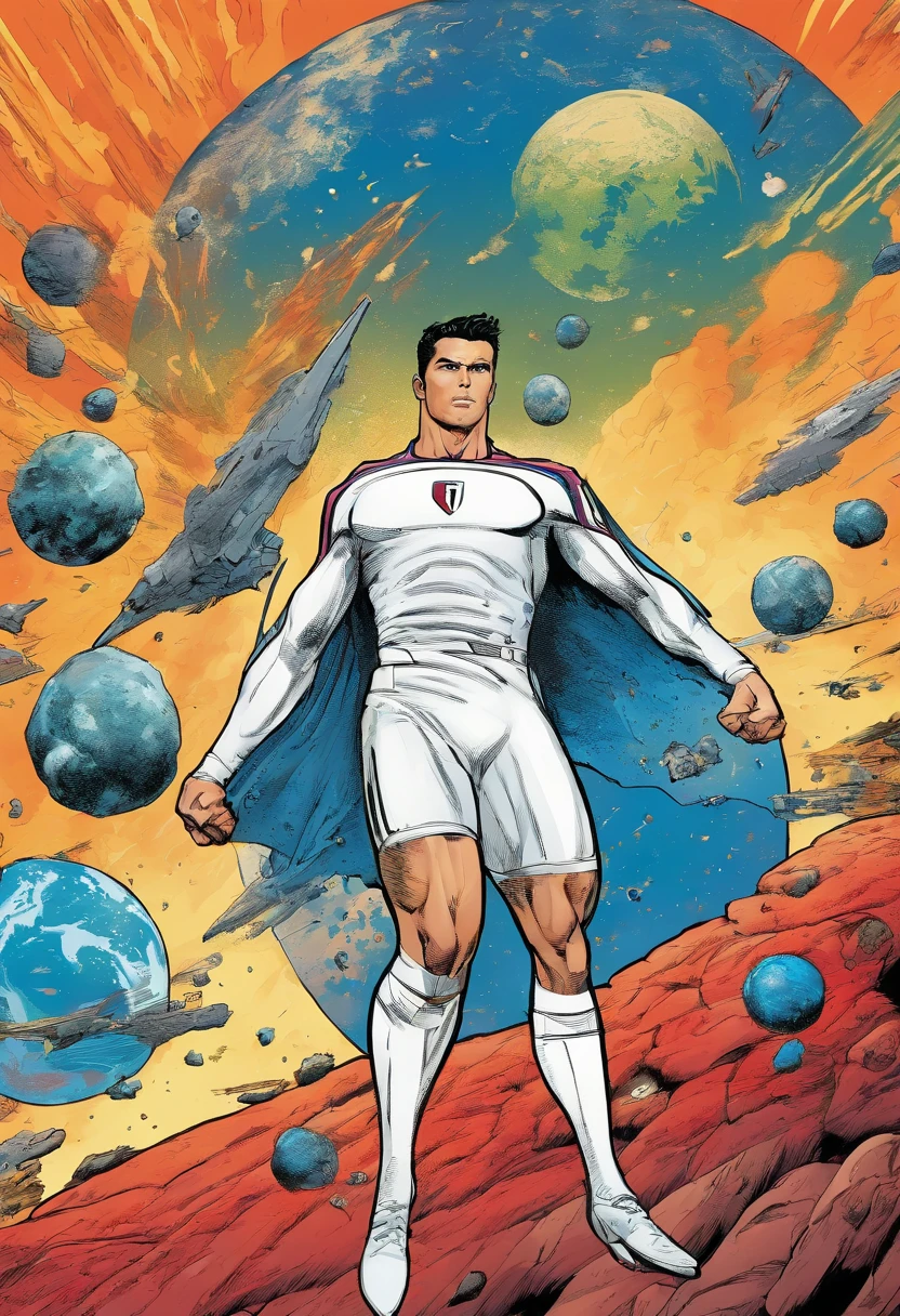 A Photograph capturing Cristiano Ronaldo in a dynamic comic book style, powerfully heading an asteroid hurtling towards Earth with his bare head. The image should showcase his strength, determination, and iconic athleticism in full display against a cosmic backdrop. --ar 9:16 --v 5.2
