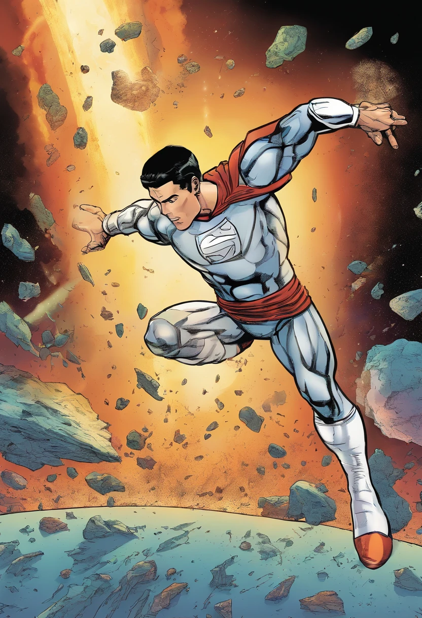 A Photograph capturing Cristiano Ronaldo in a dynamic comic book style, powerfully heading an asteroid hurtling towards Earth with his bare head. The image should showcase his strength, determination, and iconic athleticism in full display against a cosmic backdrop. --ar 9:16 --v 5.2