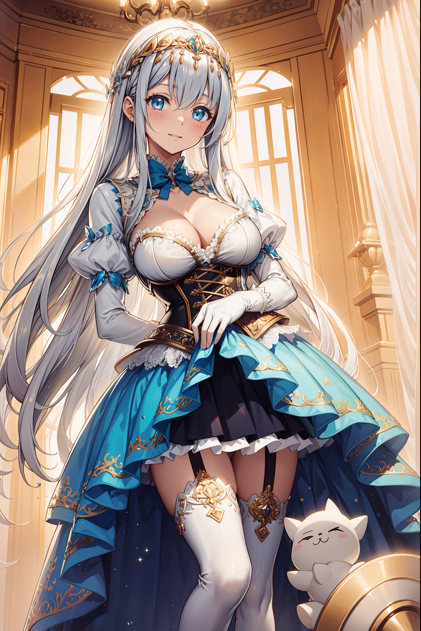 saints,divino,having fun,salvador,(Pure white corset:1.2),(dark-blue skirt:1.1),White thigh socks,Blue pattern,(Silvery hair:1.2),eBlue eyes,(Headdress of the saint),(Sacred motifs),Maximalism,Ruffles,Lace,Multi-colored cloth,Delicate embroidery,Delicate pattern,(exquisite costumes),White gloves,see-through transparent clothes,Bedrooms,glittery,Shine,the night,solo person,Fluttering skirt,Beautiful detailed face,