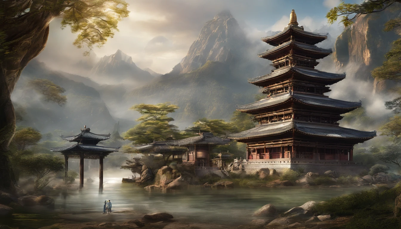 Majestic peaks，Ancient temples，Peaceful atmosphere，Sacred Buddha statue，Devout worshippers