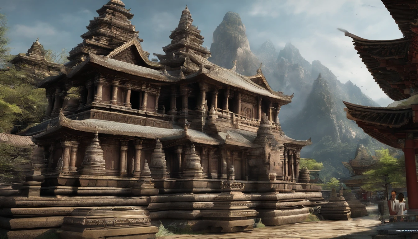 Majestic peaks,Ancient temples,Peaceful atmosphere,Sacred Buddha statue,Devout worshippers