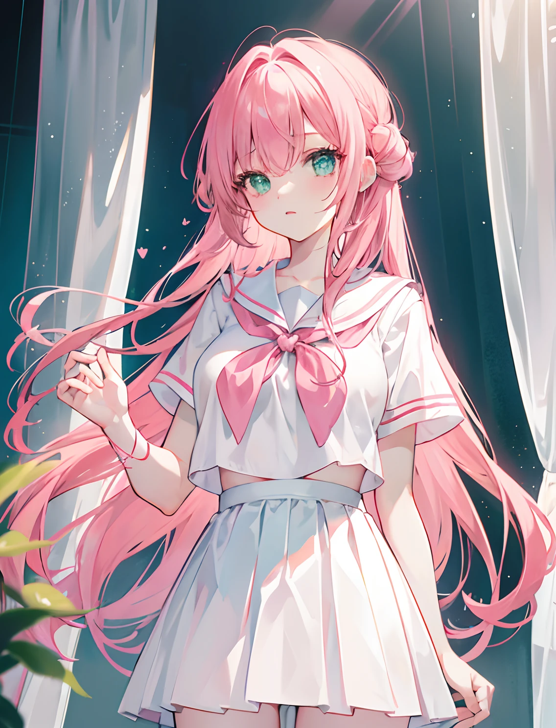 (high quality masterpiece:1.5), 1girl, pink hair, glitter, stars, bubble,