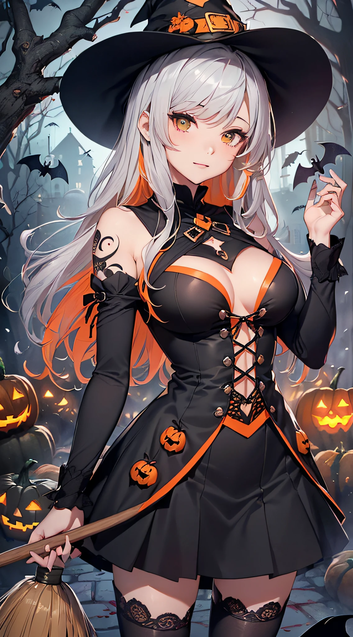 top-quality、Top image quality、masterpiece、s girl((18year old,Black Wizard Hat、Black and orange sexy clothes,Orange and black skirt、Orange muffler,Best Bust、Bust 85、blonde hair、Longhaire,silver eye、open chest wide、Valley、Happiness、A slender、Blood coating、Emphasis on the chest、Bats tattoo、Wooden broom))hiquality、Beautiful Art、Background with((natta、dark sky、Halloween at night、the bats、pumpkins,Nightmare、Halloween、in woods))、Depth(Beautiful black house),masutepiece、Elaborate design、visualart、high contract、The best lighting、highestdetailed