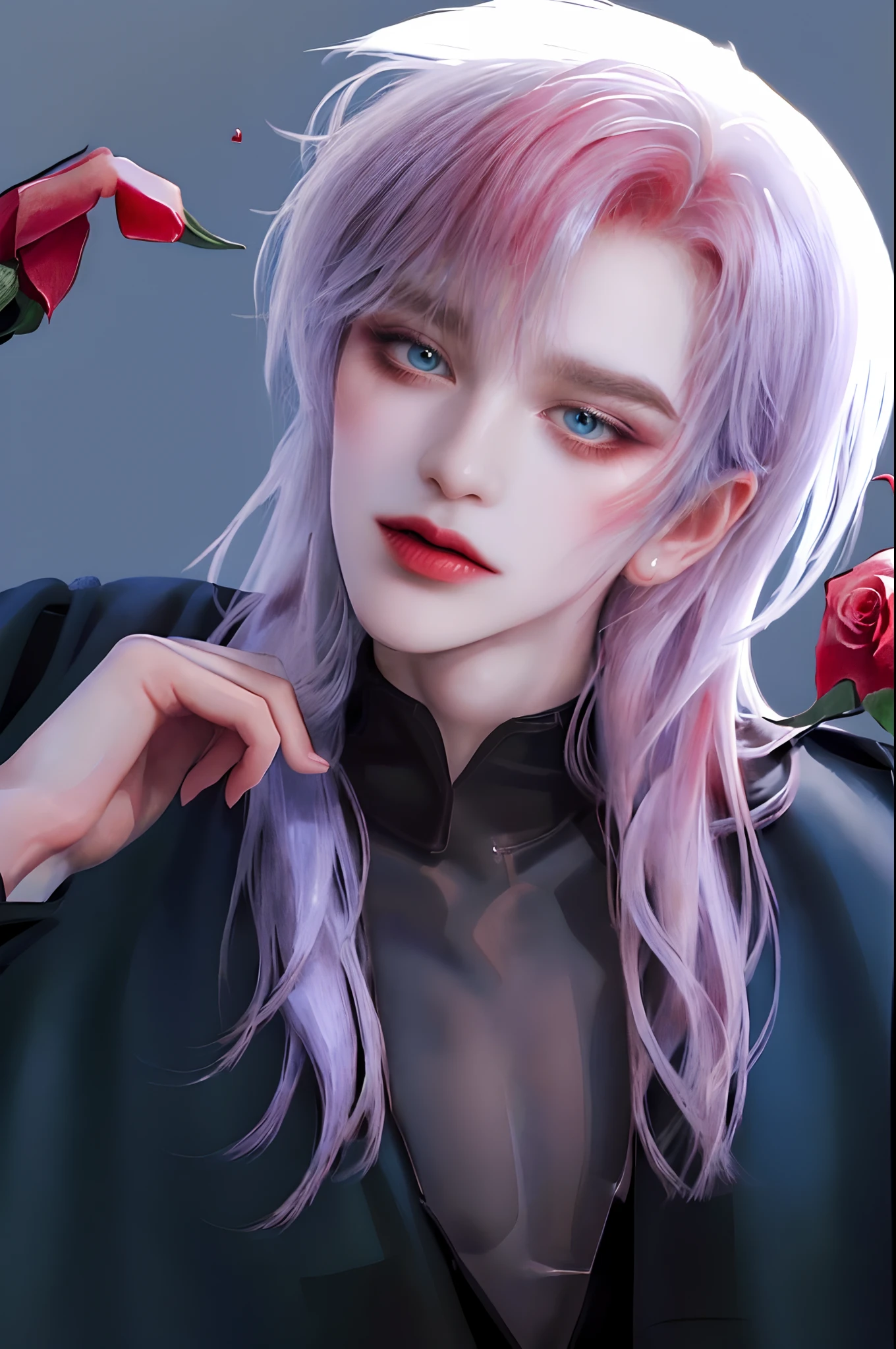 ((4K works))、masterpiece、(top-quality)、((high-level image quality))、((One beautiful vampire woman))、Slim body、((Vampire Black Y-Shirt Fashion))、(Detailed beautiful eyes)、((Red roses and crows isolated on black background))、((Face similar to Chaewon in Ruseraphim))、((shoulder-length hair))、((bright silver hair))、((Smaller face))、((Neutral face))、((Light blue eyes))、((Korean Women))、((18year old))、((Wild Lady))、((Show your teeth and smile))、((Korean makeup with black eyeshadow))、((elongated and sharp eyes))、((Shot alone))、((Vampires))、((Vampire Woman))、Vampire Photos、Villain、Dark Proof、((Dark Filter))、((Shot diagonally from the side))、Vampire Pose
