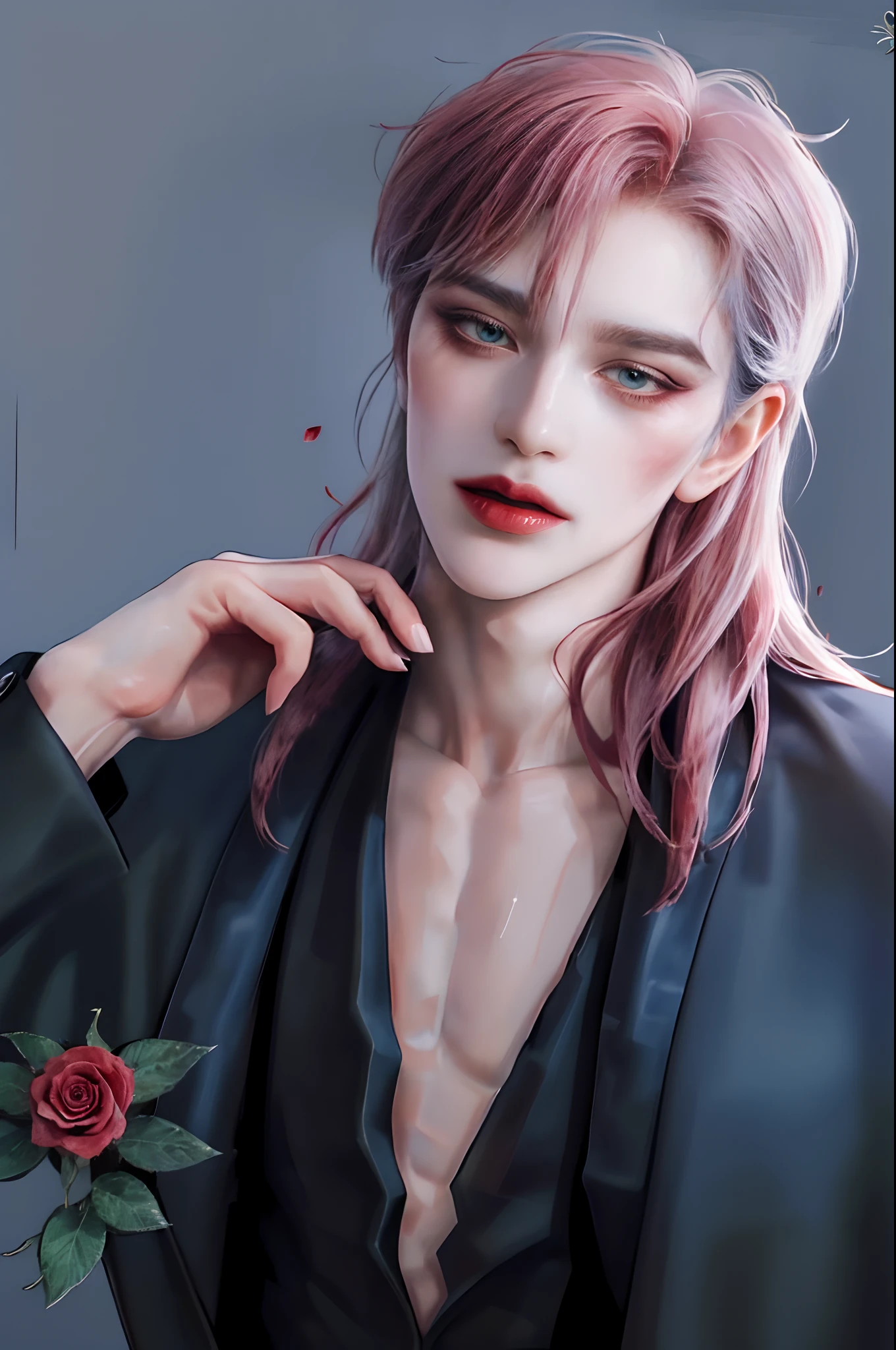 ((4K works))、masterpiece、(top-quality)、((high-level image quality))、((One beautiful vampire woman))、Slim body、((Vampire Black Y-Shirt Fashion))、(Detailed beautiful eyes)、((Red roses and crows isolated on black background))、((Face similar to Chaewon in Ruseraphim))、((shoulder-length hair))、((bright silver hair))、((Smaller face))、((Neutral face))、((Light blue eyes))、((Korean Women))、((18year old))、((Wild Lady))、((Show your teeth and smile))、((Korean makeup with black eyeshadow))、((elongated and sharp eyes))、((Shot alone))、((Vampires))、((Vampire Woman))、Vampire Photos、Villain、Dark Proof、((Dark Filter))、((Shot diagonally from the side))、Vampire Pose