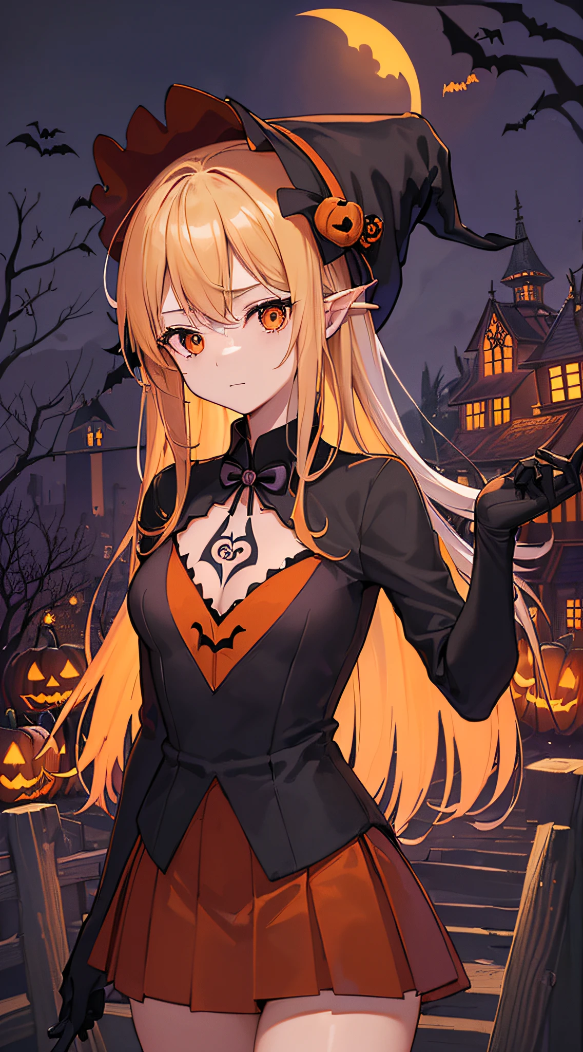 top-quality、Top image quality、masterpiece、teens girl((18year old,Black Wizard Hat、Black and orange sexy clothes,Orange and black skirt、Orange muffler,Best Bust、Bust 85、blonde hair、Longhaire,silver eye、open chest wide、Valley、Happiness、A slender、Blood coating、Emphasis on the chest、Bats tattoo、Wooden broom))hiquality、Beautiful Art、Background with((natta、dark sky、Halloween at night、the bats、pumpkins,Nightmare、Halloween、in woods))、Depth(Beautiful black house),masutepiece、Elaborate design、visualart、high contract、The best lighting、highestdetailed
