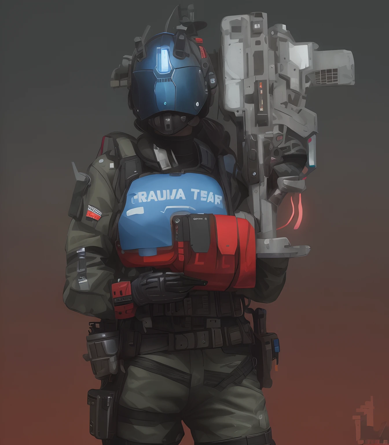 arafed girl in a blue uniform holding a red and white machine gun, trauma, dressed in tactical armor, in style of apex legends, inspired by Simon Stålenhag, heavily armed, clothed in sci-fi military armor, inspired by Doc Hammer, cyberpunk soldier, dystopian sci-fi character, cyberpunk imperial military, simon stalenhag, highly detailed HDR,UHD,8K, masterpiece, best quality, Highly detailed, medium breasts, {1girl}, {combat boots}