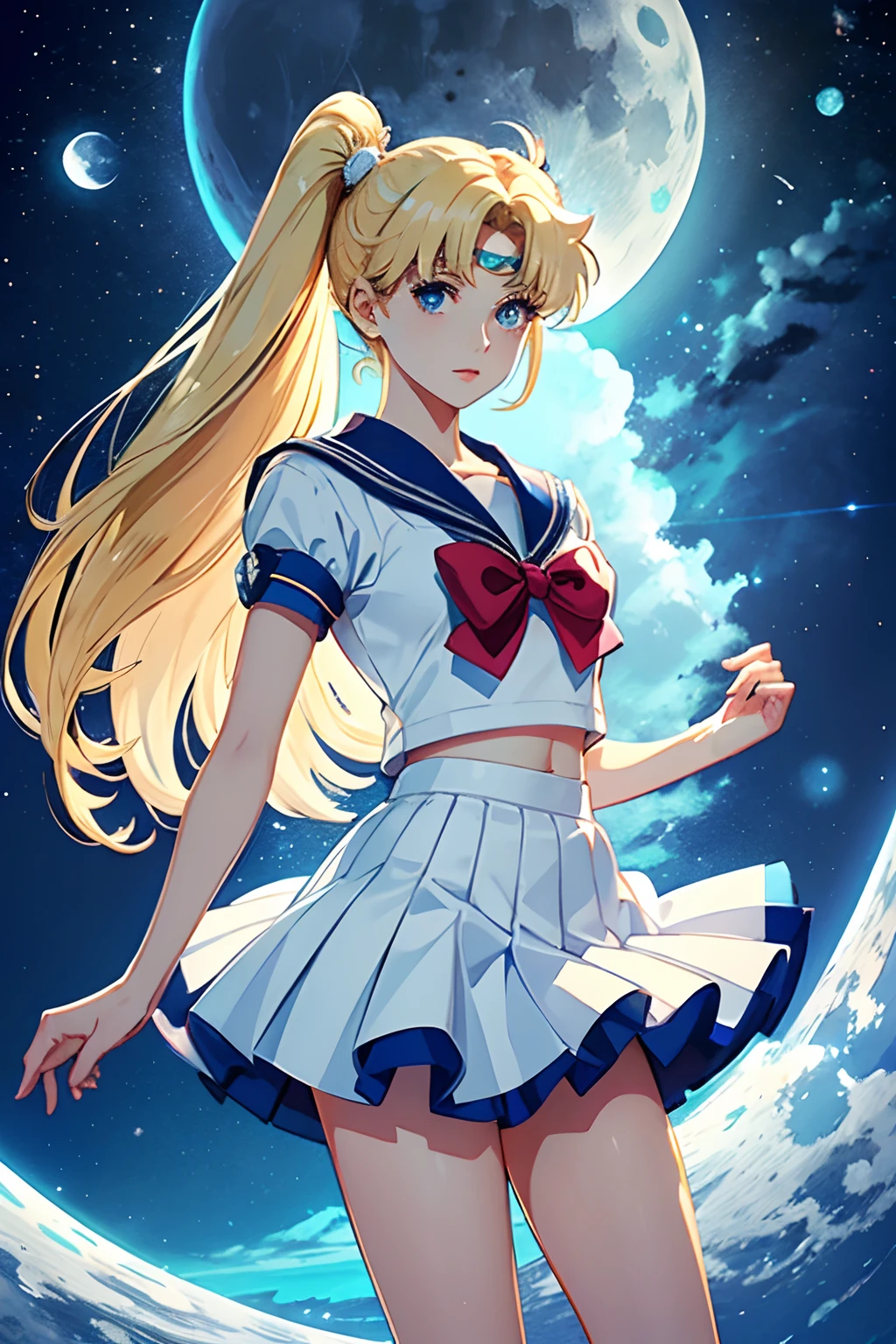 (ultra high quality) (hand drawn) Sailor Moon standing on a reflective surface with the bright white moon visible in the distant sky. her skirt is blue and her top is white and blue schoolgirl top. Her blonde hair is done up in two very long ponytails