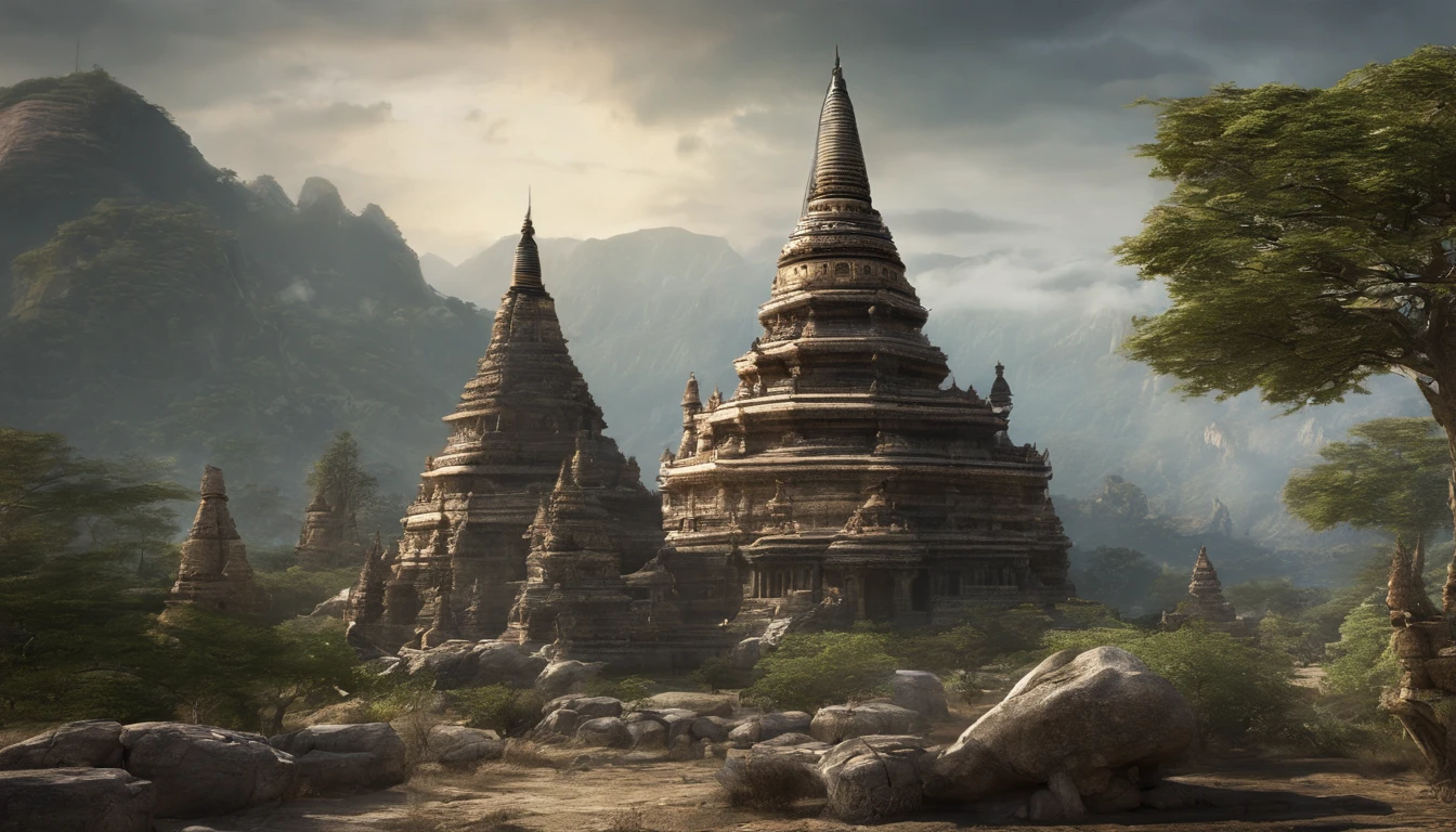 grandiose mountain peaks, ancient temples, tranquil ambiance, sacred Buddha statues, devout worshipers, --v 5.2 --ar 2:3