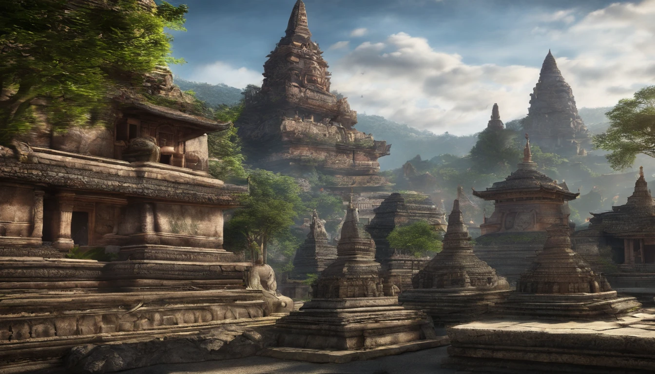 grandiose mountain peaks, ancient temples, tranquil ambiance, sacred Buddha statues, devout worshipers, --v 5.2 --ar 2:3