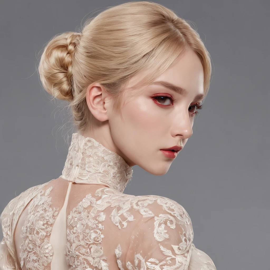 (masterpiece, best quality:1.2), extremely detailed, detailed hair, soft skin,
1girl, solo, standing, upper body, from behind,
blonde hair, long hair, high ponytail, long ponytail,
red eyes, long eyelashes, thick eyelashes, looking at viewer,
red dress, backless dress, ornate dress, puffy skirt, long skirt, puffy sleeves, juliet sleeves, long sleeves,
nude,
black background,