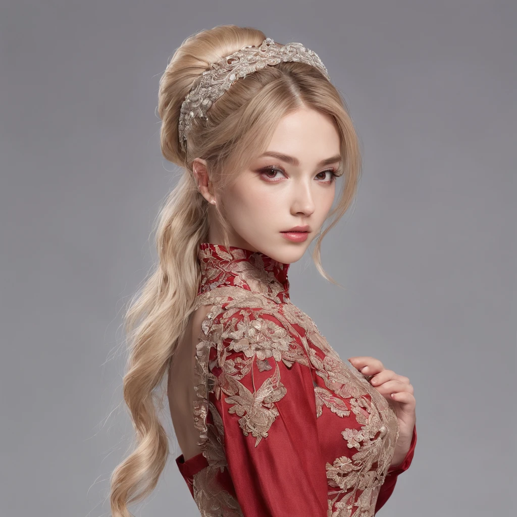 (masterpiece, best quality:1.2), extremely detailed, detailed hair, soft skin,
1girl, solo, standing, upper body, from behind,
blonde hair, long hair, high ponytail, long ponytail,
red eyes, long eyelashes, thick eyelashes, looking at viewer,
red dress, backless dress, ornate dress, puffy skirt, long skirt, puffy sleeves, juliet sleeves, long sleeves,
nude,
black background,