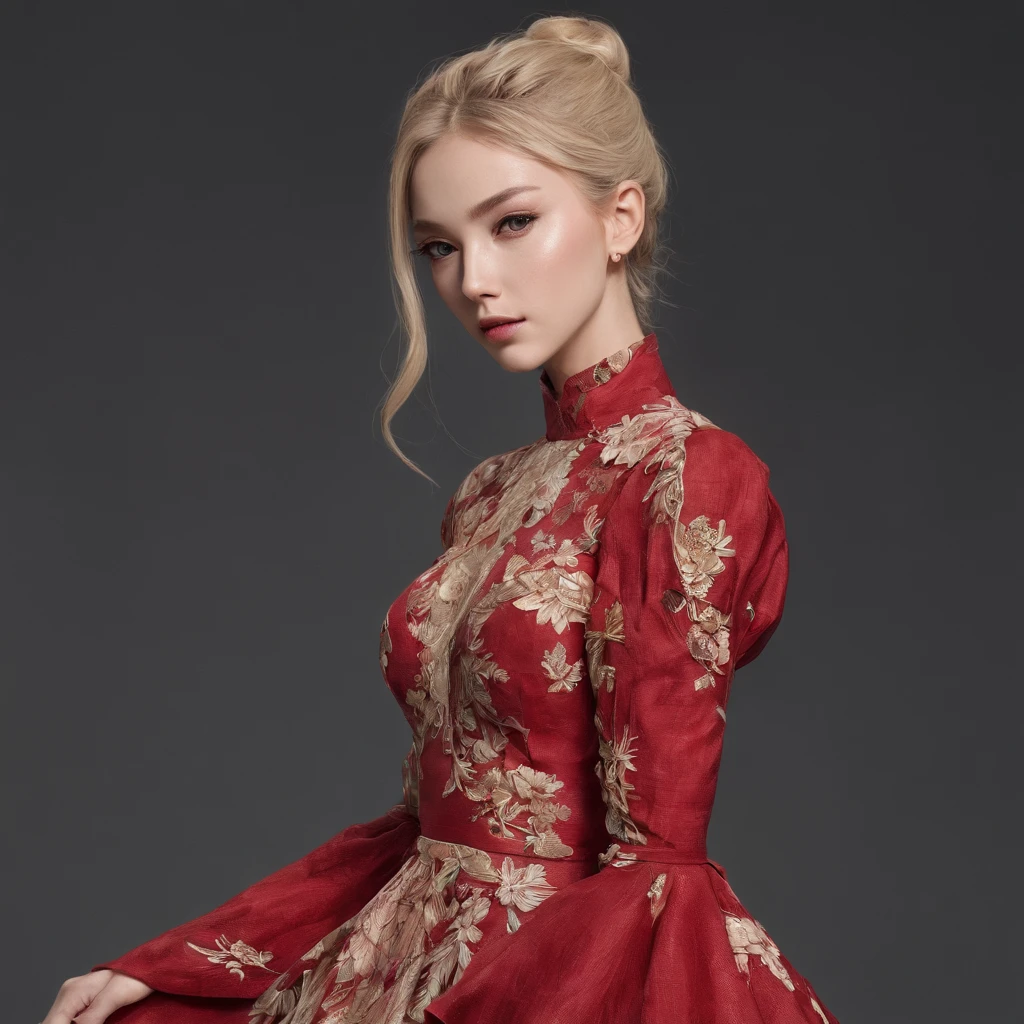 (masterpiece, best quality:1.2), extremely detailed, detailed hair, soft skin,

1girl, solo, standing, upper body, from behind,

blonde hair, long hair, high ponytail, long ponytail,

red eyes, long eyelashes, thick eyelashes, looking at viewer,

red dress, backless dress, ornate dress, puffy skirt, long skirt, puffy sleeves, juliet sleeves, long sleeves,

nude,

black background,