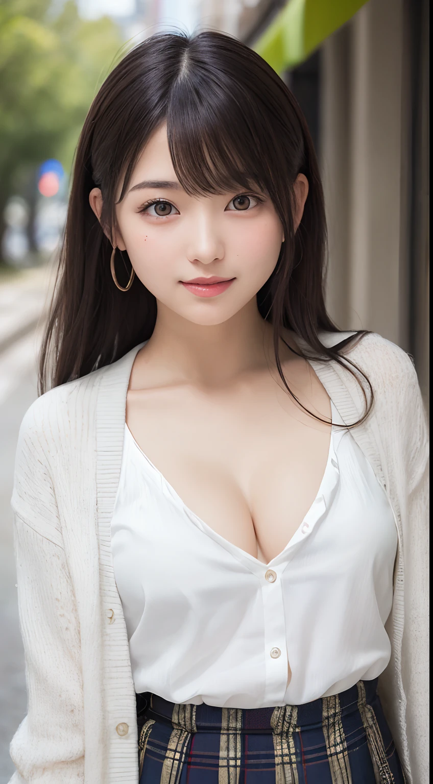 Smile、natta、Raw photography、(((Ultimate Beauty Portrait)))、((glistning skin))、女の子1人、 beautiful girl in Prague、bright expression、((brown haired))、(cleavage of the breast)、(Plaid pleated skirt:1.5)、((Big eyes that shine like jewels))、open cardigan、Open your clothes、panthyhose、Glossy glossy skin、(Medium Hair)、(Silky Ponytail Hair)、(is standing)、(frombelow)、Under the skirt、(Close-up of underwear from below)、eye liner、Beautiful bangs、Hair between the eyes、((​masterpiece、top-quality、ultra-detailliert、Film Light、intricate-detail、hight resolution、ighly detailed))、细致背景、8KUHD、Digital SLR、Soft light、hightquality、Film grain、FujifilmXT3 、Shallow depth of field、natural soft light、Kamimei、Lush bust