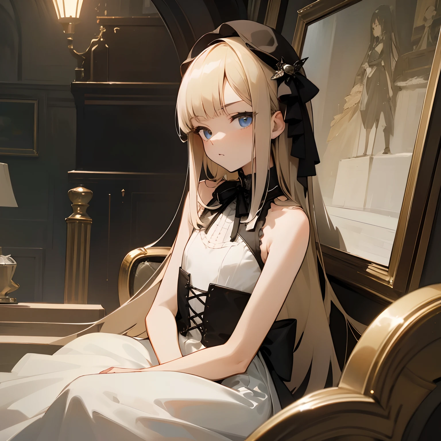 Reines, 1girl, high quality, best quality, illustration, masterpiece, (highly detailed:1.2), (extremely detailed:1.3), flat chest, sleeveless, bare shoulders, gothic lolita, young girl, white dress, looking at viewers, short skirt, white, revealing, string ribbon, in a house