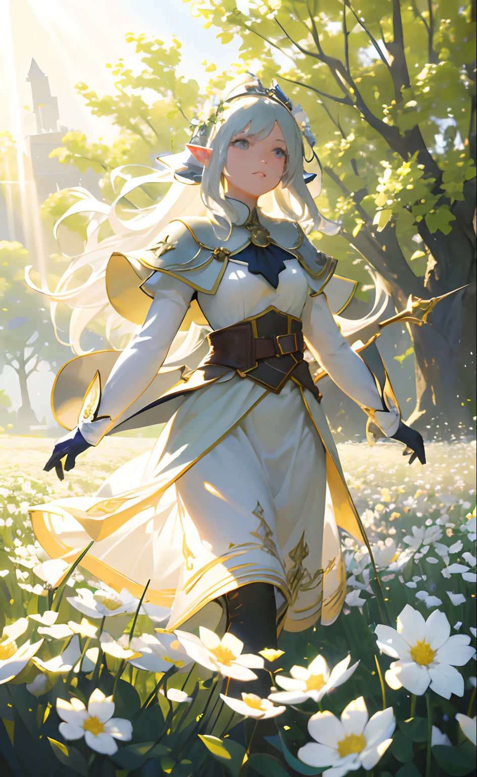 Masterpiece, Best quality, 1girll, elf adventurer walking through a field of white flowers, Dutch angle, Cinematic, voluminetric lighting, rays of sunshine, Soft lighting, mistic, magical, rim lit, fantasy, Sparkle, glimmering