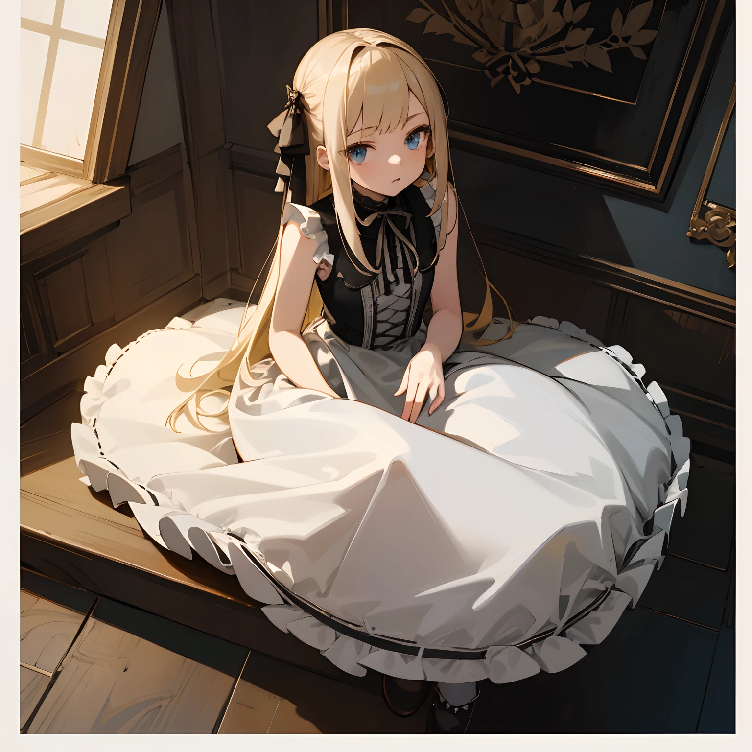 Reines, 1girl, high quality, best quality, illustration, masterpiece, (highly detailed:1.2), (extremely detailed:1.3), flat chest, sleeveless, gothic lolita, young girl, white dress, looking at viewers, short skirt, white, revealing, string ribbon, in a house