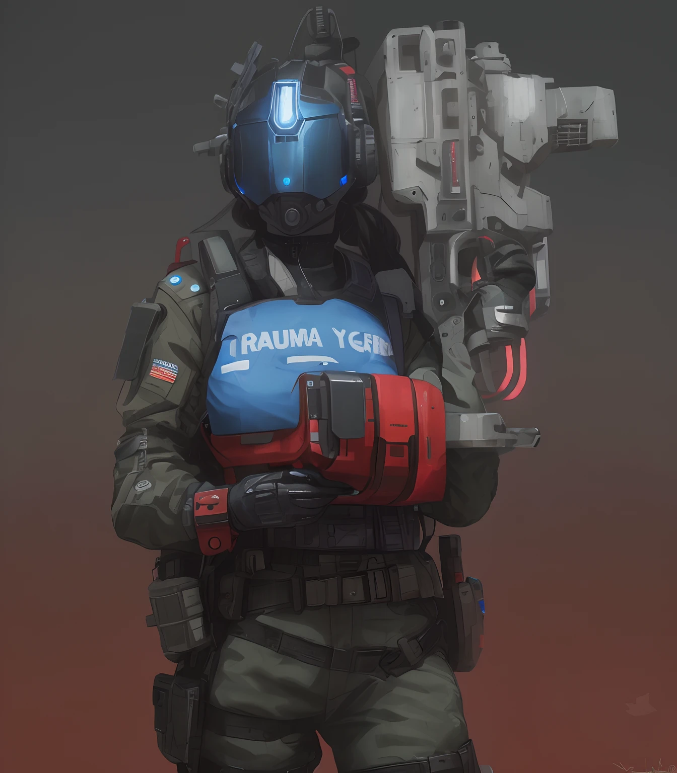 arafed girl in a blue uniform holding a red and white machine gun, trauma, dressed in tactical armor, in style of apex legends, inspired by Simon Stålenhag, heavily armed, clothed in sci-fi military armor, inspired by Doc Hammer, cyberpunk soldier, dystopian sci-fi character, cyberpunk imperial military, simon stalenhag, highly detailed HDR,UHD,8K, masterpiece, best quality, Highly detailed, medium breasts, {1girl}, {combat  boots}