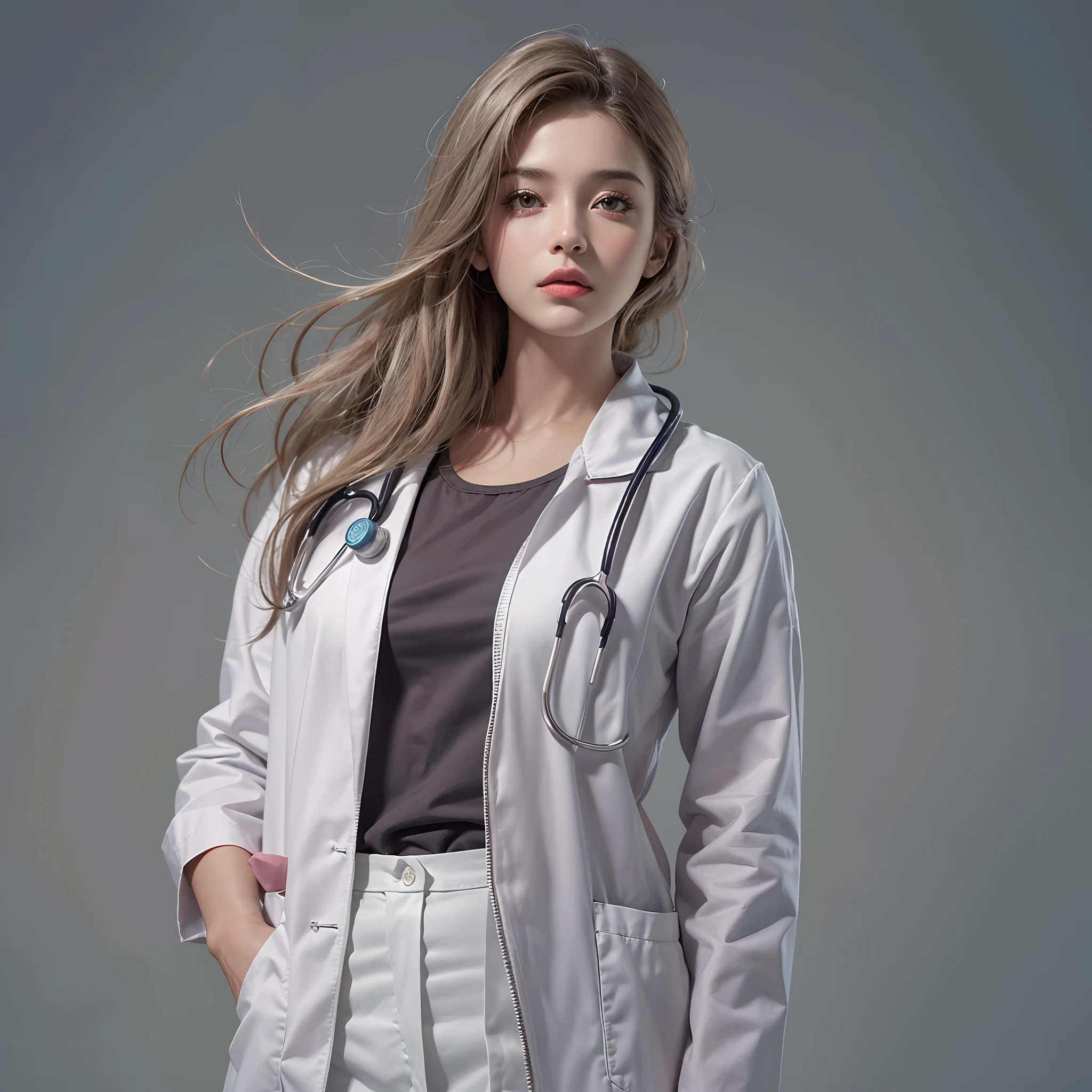 fotorrealista, high resolution, 1 mulheres, sozinho, hips up, Olhe para o Visualizador, (Rosto detalhado), cabelos brancos, cabelos longos, doctor's clothing, Tag de nome, fundo de clinica de hosiptal