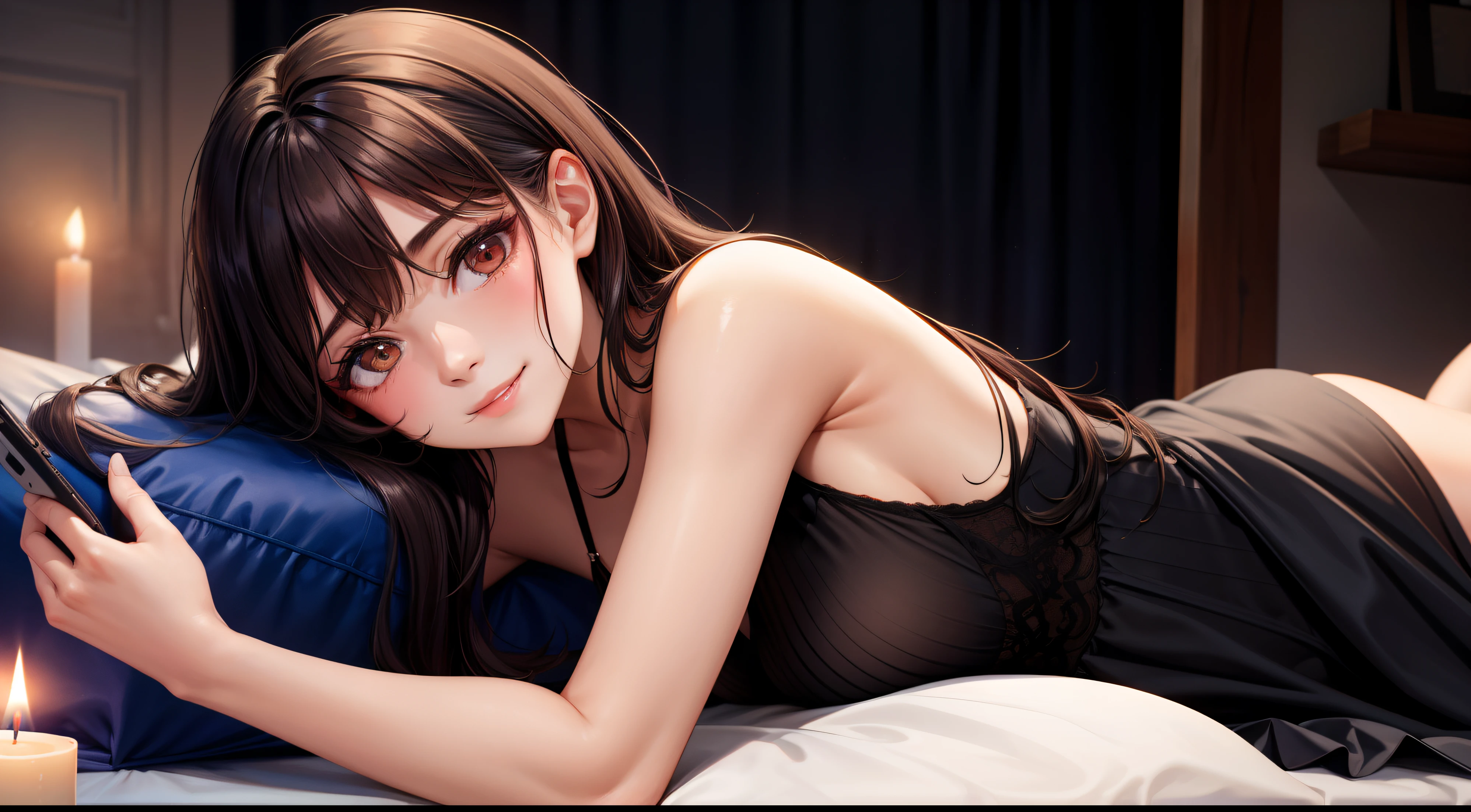 a girl lies on the bed, on her belly, smiling seductively into the camera, dark hair messed up, candlelit from the side, skimpy silk dress, a laptop in front of her