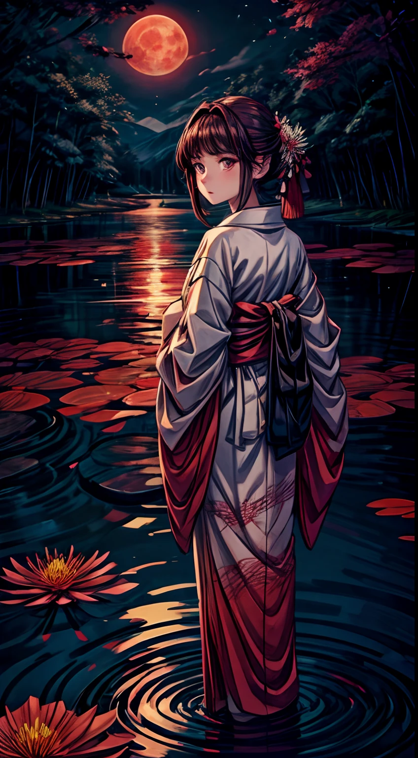 (pond:0.6),(sand road:0.4),(A large amount of red spider lilies in full bloom:0.4),(a girl:0.1)
(masterpiece), best quality, expressive eyes, perfect face, Late at night, a woman wearing a kimono is standing alone on the shore of a pond with the red moon and a pond in the background, but due to the backlight from the moonlight, her front face is in shadow and her expression cannot be seen, but only her eyes are glowing red. There is only a narrow, straight gravel road that one person can pass up to the woman's feet, and the rest is covered with countless clusters of spider lily flowers that are in full bloom.