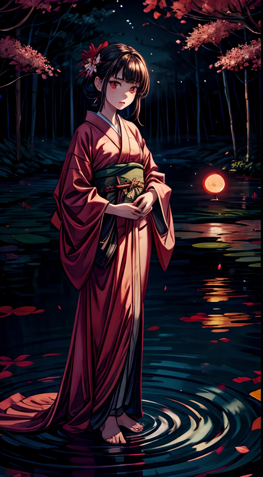 (pond:0.6),(sand road:0.4),(A large amount of red spider lilies in full bloom:0.4),(a girl:0.1)
(masterpiece), best quality, expressive eyes, perfect face, Late at night, a woman wearing a kimono is standing alone on the shore of a pond with the red moon and a pond in the background, but due to the backlight from the moonlight, her front face is in shadow and her expression cannot be seen, but only her eyes are glowing red. There is only a narrow, straight gravel road that one person can pass up to the woman's feet, and the rest is covered with countless clusters of spider lily flowers that are in full bloom.