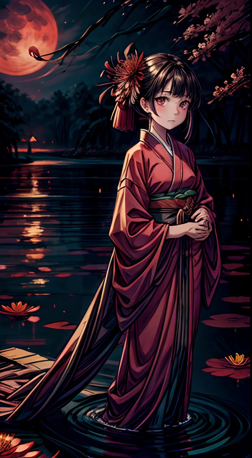 (pond:0.6),(sand road:0.4),(A large amount of red spider lilies in full bloom:0.4),(a girl:0.1)
(masterpiece), best quality, expressive eyes, perfect face, Late at night, a woman wearing a kimono is standing alone on the shore of a pond with the red moon and a pond in the background, but due to the backlight from the moonlight, her front face is in shadow and her expression cannot be seen, but only her eyes are glowing red. There is only a narrow, straight gravel road that one person can pass up to the woman's feet, and the rest is covered with countless clusters of spider lily flowers that are in full bloom.