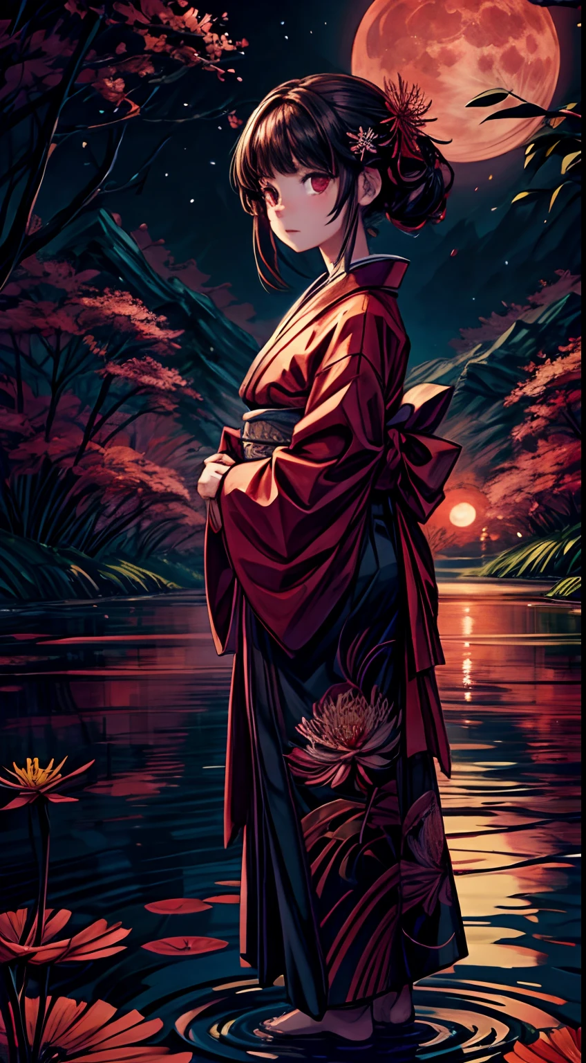 (pond:0.6),(sand road:0.4),(A large amount of red spider lilies in full bloom:0.4),(a girl:0.1)
(masterpiece), best quality, expressive eyes, perfect face, Late at night, a woman wearing a kimono is standing alone on the shore of a pond with the red moon and a pond in the background, but due to the backlight from the moonlight, her front face is in shadow and her expression cannot be seen, but only her eyes are glowing red. There is only a narrow, straight gravel road that one person can pass up to the woman's feet, and the rest is covered with countless clusters of spider lily flowers that are in full bloom.