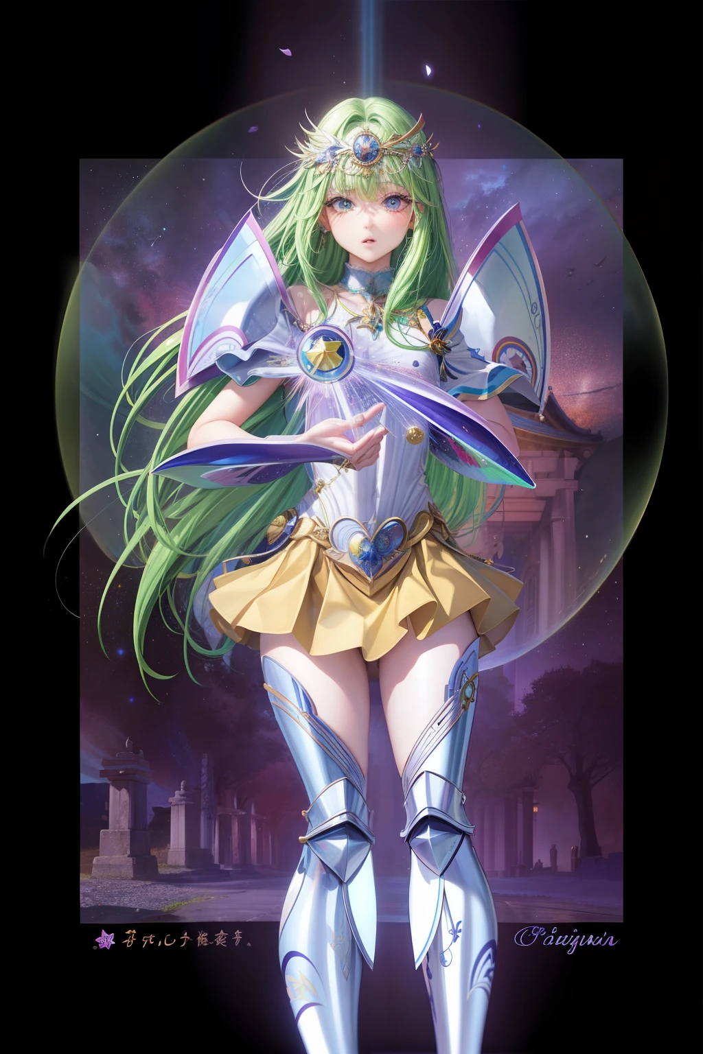 realista, 1girl, cabelo verde escuro, olhos magenta, hair fluttering, olhos brilhantes, half-open lips, corar, noite, piso, Temple of Marmore, starly sky, colunas gregas, Knights of the Zodiac, estilo mangaka shiori teshirogi
