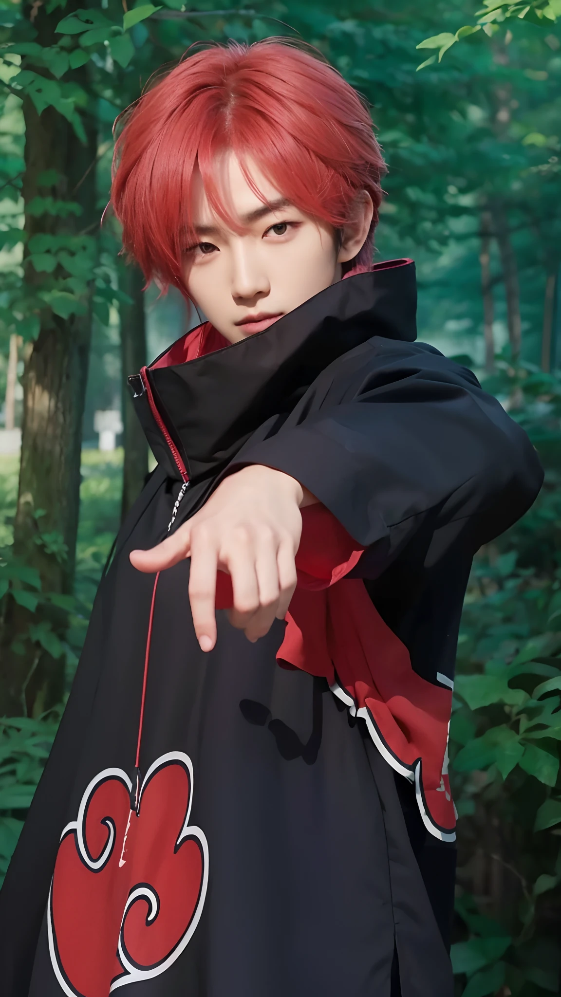 Real life adaption of this character, korean handsome man face, cool expression,((realistic same Hair tousled downwards)), (realistic same outfit with Akatsuki logo), realistic necklace , hyper realistic, realistic light, realistic shadow, realism,(photorealistic:1.2)